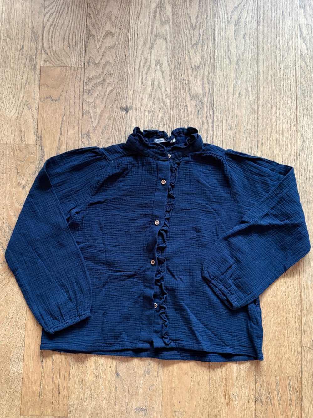 French Girls' Navy Ruffle-Front Button Blouse